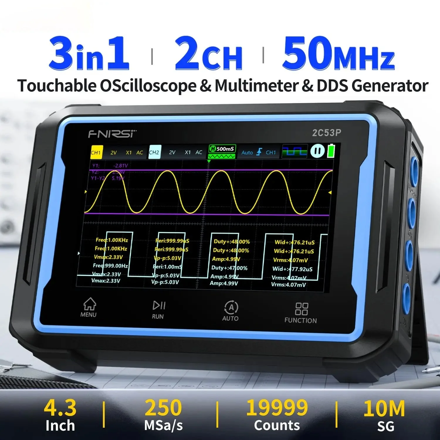 FNIRSI® 2C53P 3-IN-1 50MHz 250MS/s Dual Channel Tablet Touchable Oscilloscope Multimeter DDS Generator - Image 2