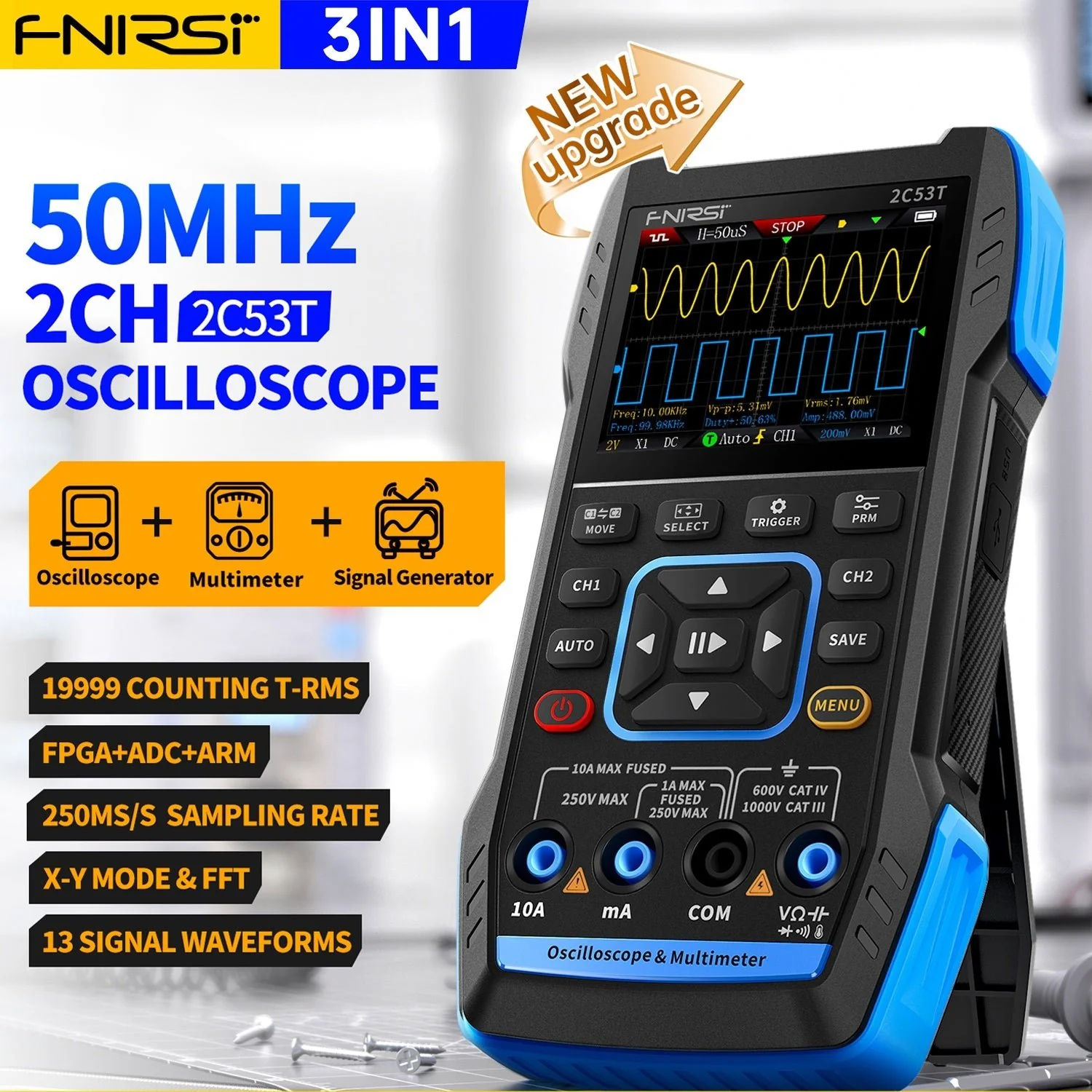 FNIRSI® 2C53T 50MHz 250MS/s Handheld 3in1 Oscilloscope Multimeter Signal Generator - Image 2