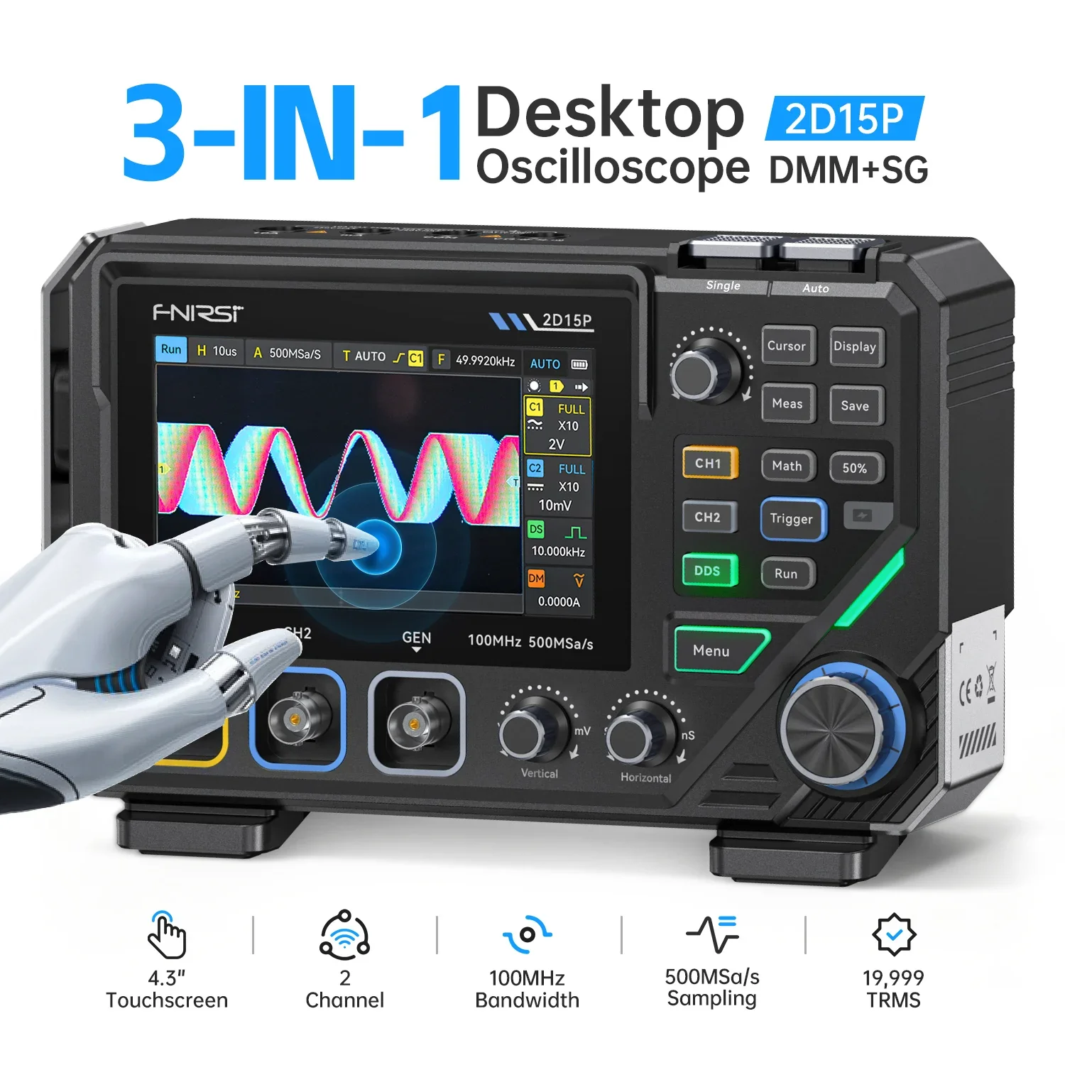 FNIRSI® 2D15P 3-in-1 Benchtop 2CH 100MHz Phosphor Oscilloscope Multimeter - Image 2