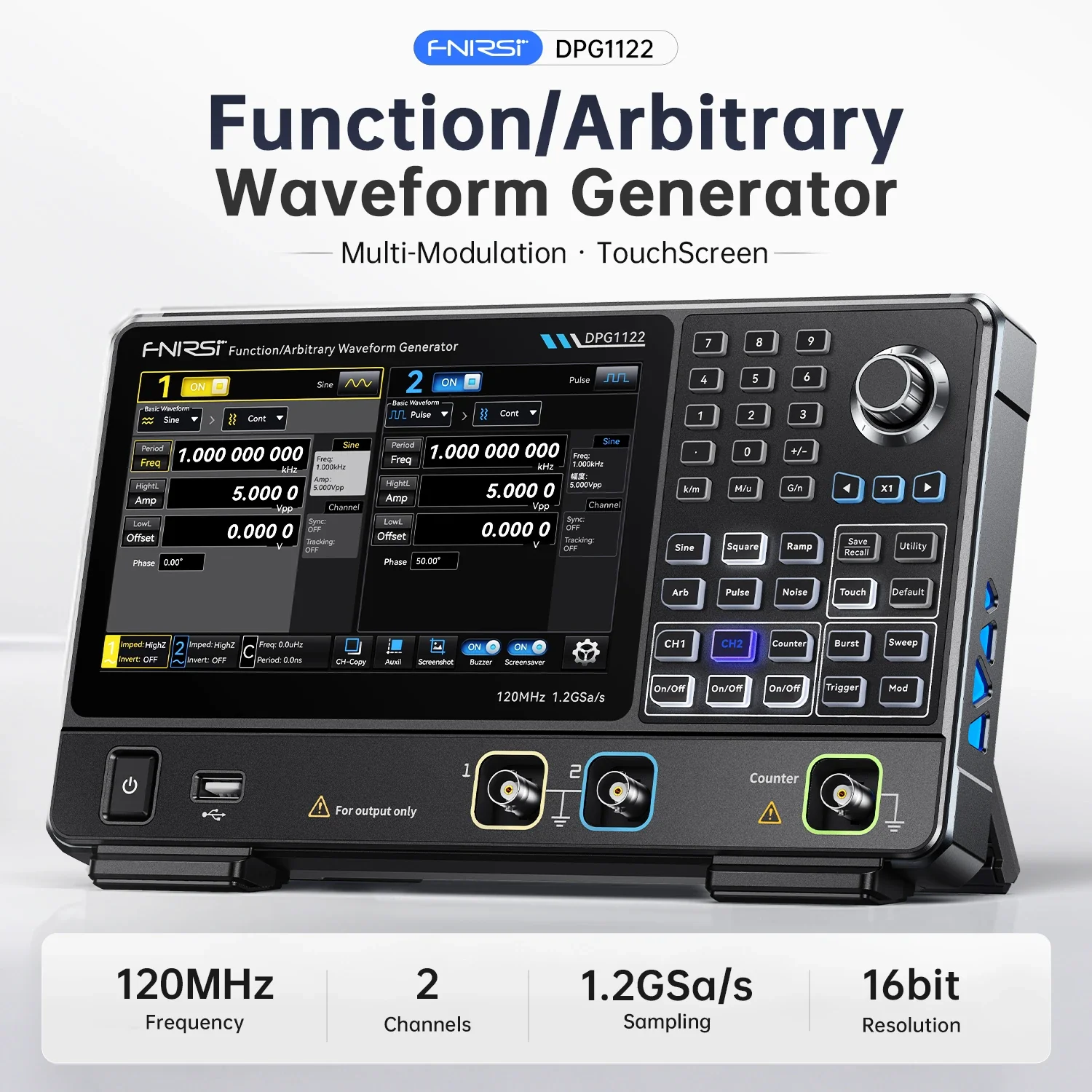 FNIRSI® DPG1122 120MHz 1.2GSa/s Dual Channel Function Arbitrary Waveform Generator - Image 2