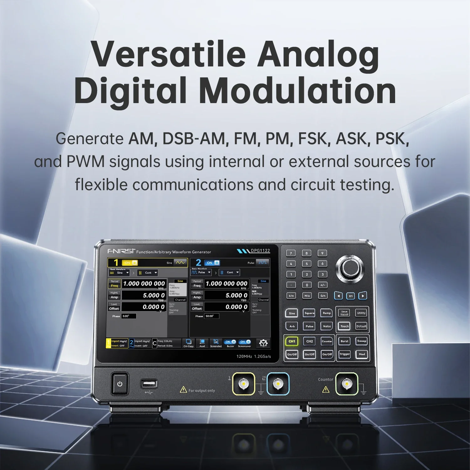 FNIRSI® DPG1122 120MHz 1.2GSa/s Dual Channel Function Arbitrary Waveform Generator - Image 6