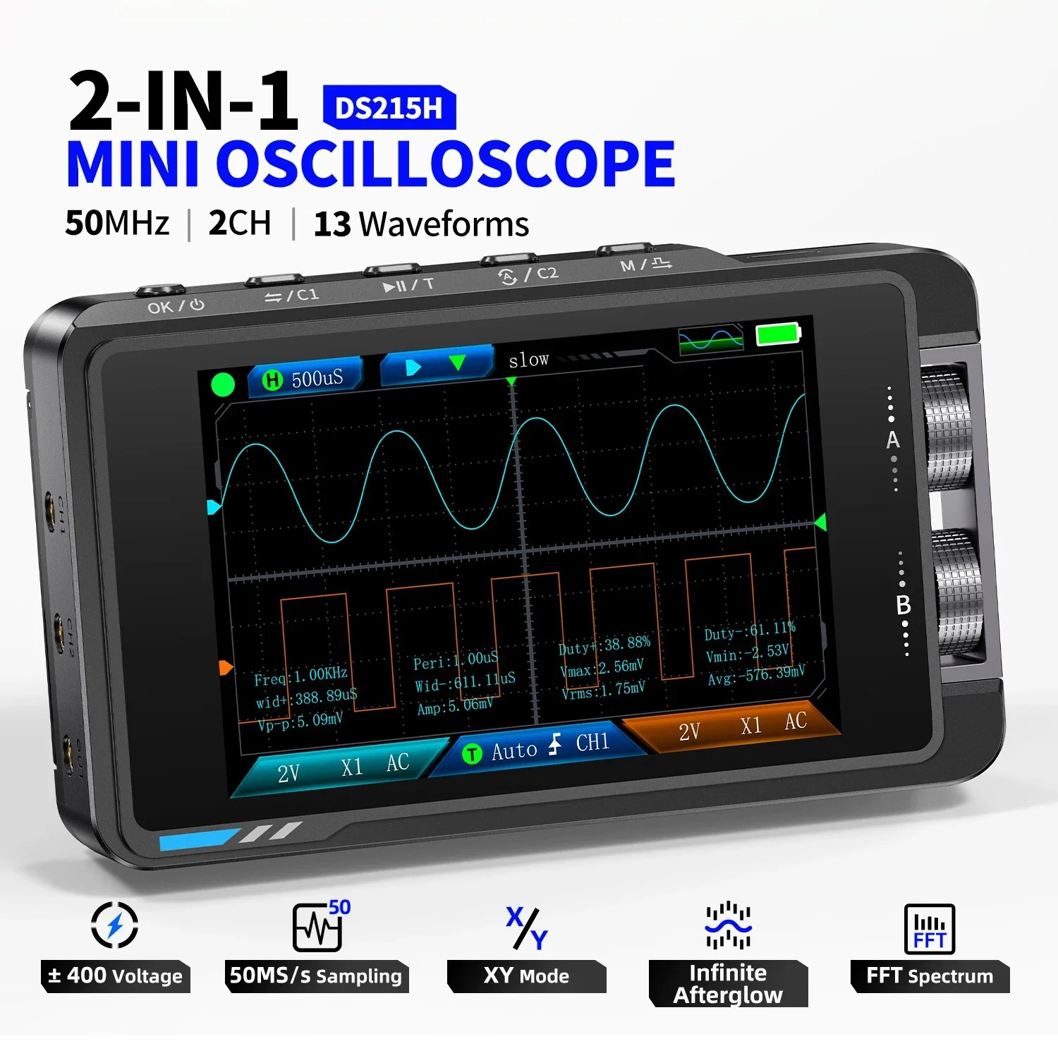 FNIRSI® DS215H 2-IN-1 50MHz 250MS/s Dual Channel Digital Oscilloscope DDS Function Singal Generator - Image 2