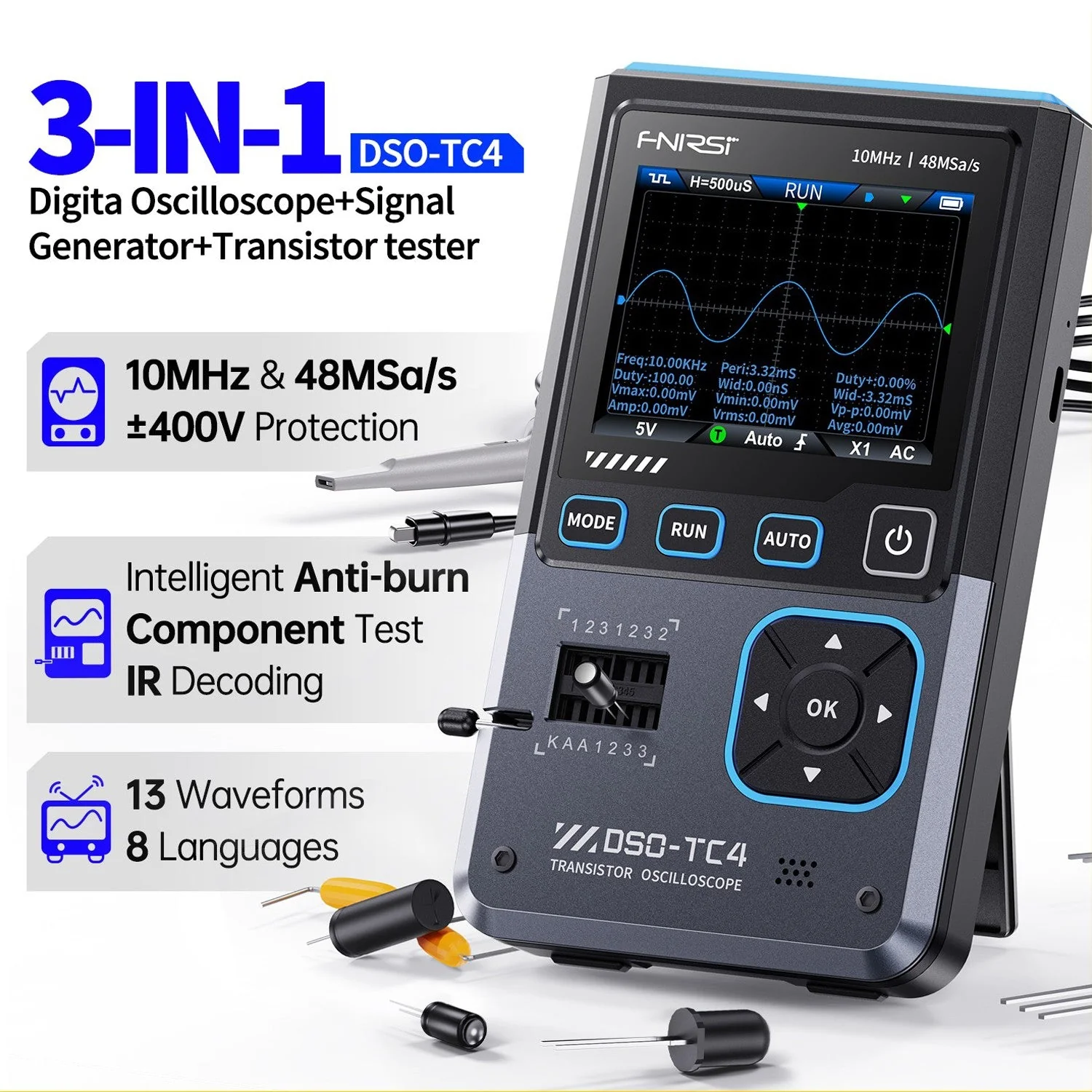 FNIRSI® DSO-TC4 3-IN-1 10MHz 48MSa/s Digital Oscilloscope Transistor Tester Signal Generator - Image 2