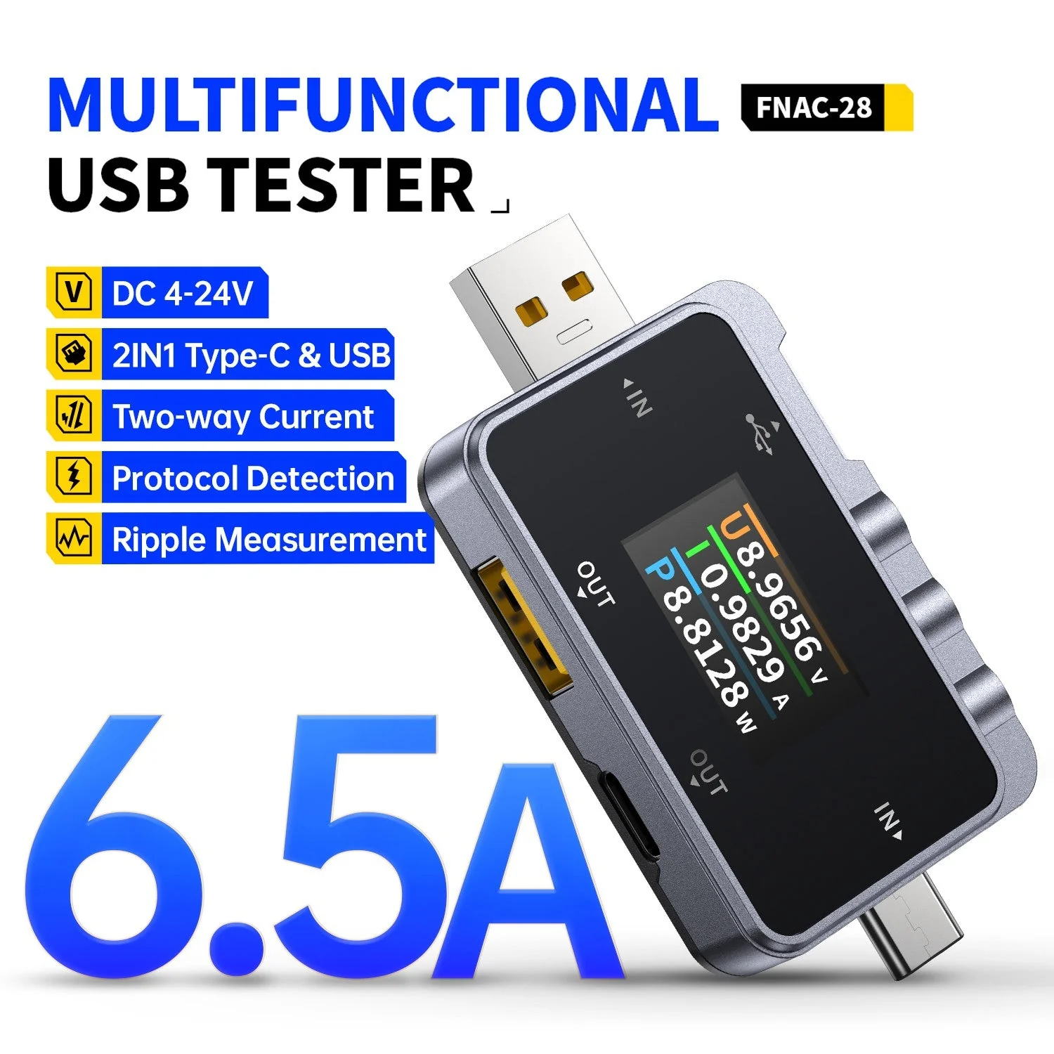 FNIRSI® FNAC-28 2-IN-1 Type-C USB Tester Digital Voltmeter Ammeter Power Bank Charger Measure - Image 2