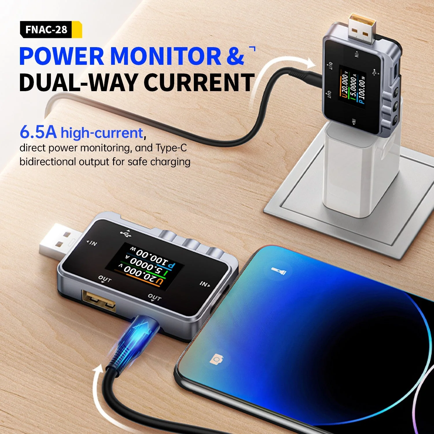 FNIRSI® FNAC-28 2-IN-1 Type-C USB Tester Digital Voltmeter Ammeter Power Bank Charger Measure - Image 4