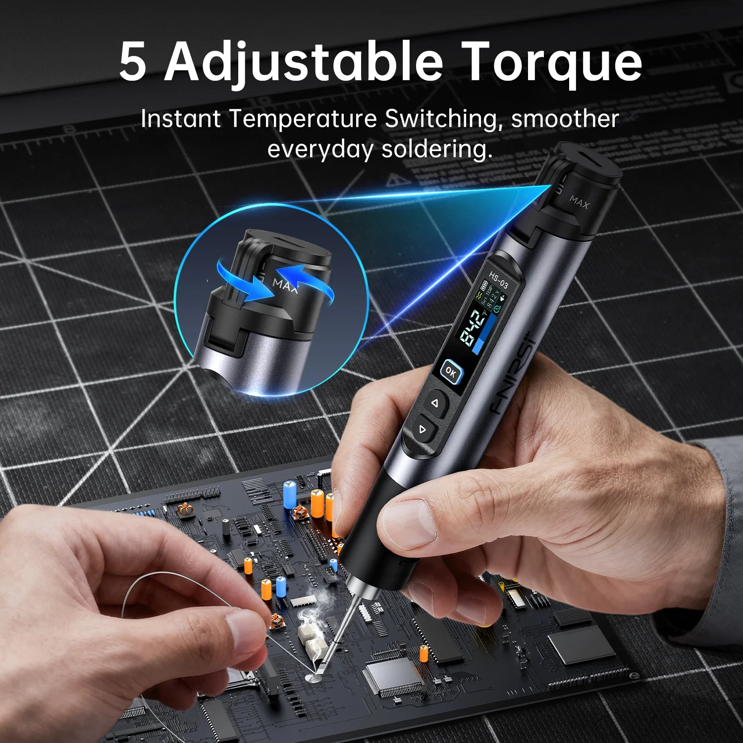 FNIRSI® HS-03 Cordless Soldering Iron, 18650 Removable Battery, USB-C, 212–842℉ - Image 4