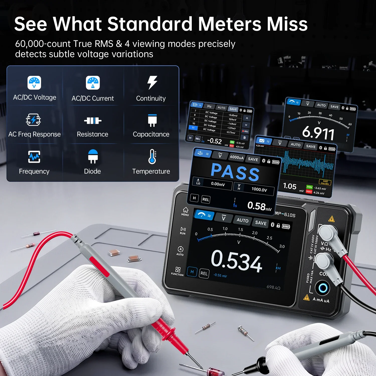 FNIRSI® TMP-610S 3-in-1 Digital Multimeter DSO DDS Generator 60,000 Counts TRMS Bluetooth App Sync - Image 3
